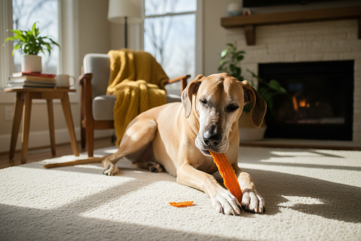 Great Dane Eating Jerky Strip